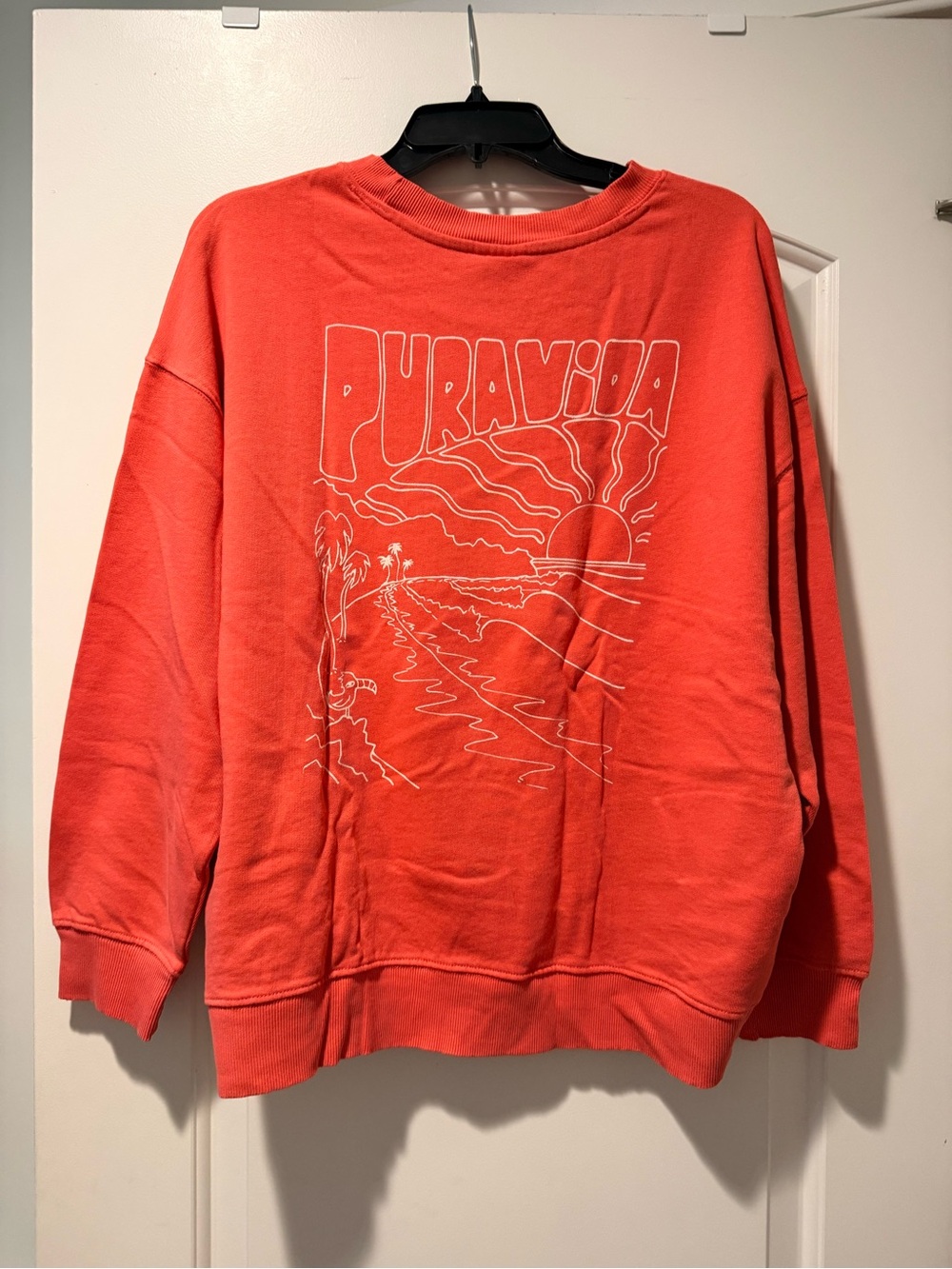 Pura Vida Coral Crewneck Sweatshirt with White Palm Outline